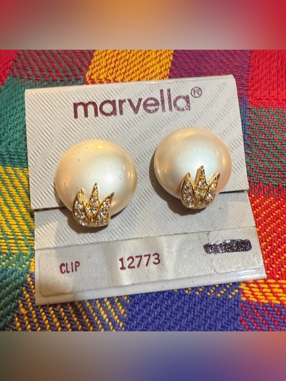 Vintage Marvella White Pearl Earrings with Gold Crystal Accents